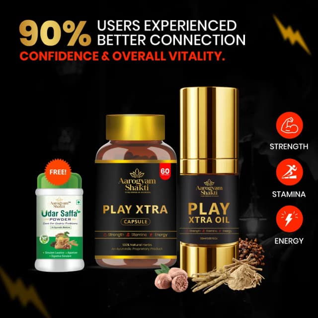 Play Xtra Capsule + Play Xtra Oil + Udar Saffa Powder Combo – Ayurvedic Stamina, Energy & Digestion Care